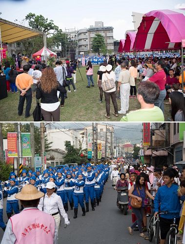 '天国乐团演奏“高山青”、“法轮大法好”,乐音响彻山岭,吸引相当多的群众观看。'