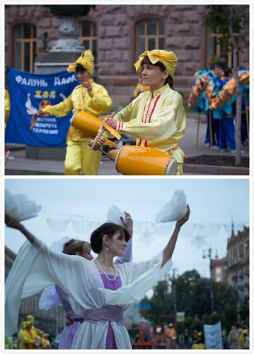 法轮功学员表演了舞蹈、舞龙和腰鼓,展现出修炼者的喜悦和祥和