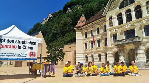 图1:法轮功学员在列支敦士登首府城市瓦杜兹市政府大楼前举行活动