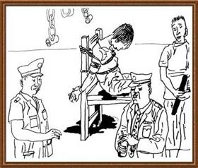 '中共监狱酷刑示意图:捆绑在椅子上'