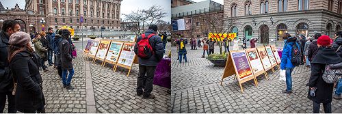 在斯德哥尔摩最热闹的皇宫旁的钱币广场(Mynttorget)上,民众观看真相展板,了解真相。
