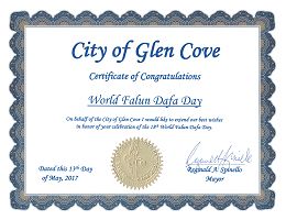 纽约长岛格伦科夫市(Mayor of Glen Cove)市长雷金纳•德斯皮内洛颁发的褒奖