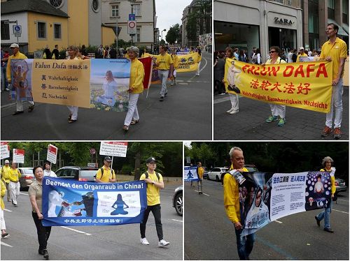 '图2:游行中,法轮功学员手持大量中德文横幅'