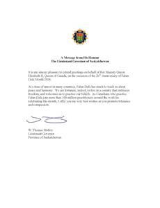 '图2:萨斯喀彻温省(Saskatchewan)省督Thomas?Molloy的贺信'