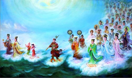 '图3:此画名为《誓约》。和主佛立下誓约的众神,浩浩荡荡追随主佛下世正法。此画展现了众神下走过程中的辉煌片段,他们是不同天体的不同生命群的代表,手里恭敬的捧着誓约,身负众生的期待,在大法轮的运转下走向人间。世上很多人都是带着使命来的,画中的人可能就有你、我、他。只是人来在世上,脑袋一洗,就坠入了迷中。'