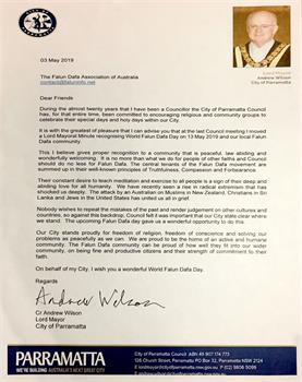 '图3~4:悉尼帕拉马塔市(City of Parramatta)市长威尔森(Lord Mayor Andrew Wilson)颁发的褒奖状和贺信。'