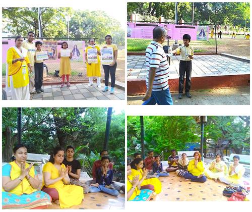 '图2:上图是印度西部城市普勒(Pune)的法轮功学员在公园向民众介绍功法。下图是南部城市班加罗尔(Bangalore)的法轮功学员在公园举办活动。'