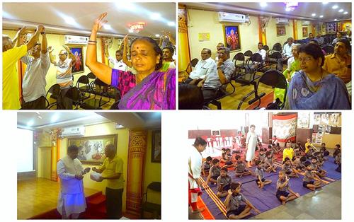 '图3:前三幅图是印度北部城市海德拉巴(Hyderabad)的法轮功学员们在免费教功 。右下图是孟买的法轮功学员在小学教功。'