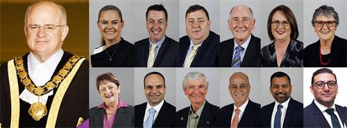 图5:(从左至右,从上至下)悉尼帕拉马塔市长安德鲁·威尔逊(Parramatta Lord Mayor Andrew Wilson),副市长米歇尔·加拉德(Deputy Lord Mayor Cr Michelle Garrard),市议员安德鲁·杰弗里斯(Cr Andrew Jefferies),市议员比尔·泰瑞尔(Cr Bill Tyrrell),市议员鲍勃·德怀尔(Cr Bob Dwyer),市议员唐娜·戴维斯(Cr Donna Davis),市议员帕特丽夏·帕烙希博士(Cr Dr Patricia Prociv),市议员洛林·沃恩(Cr Lorraine Wearne) ,市议员马丁·扎伊特(Cr Martin Zaiter),市议员菲尔·布拉德利(Cr Phil Bradley),市议员皮埃尔·埃斯伯(Cr Pierre Esber),市议员萨米尔·潘迪(Cr Sameer Pandey),市议员史蒂文·伊萨(Cr Steven Issa JP)