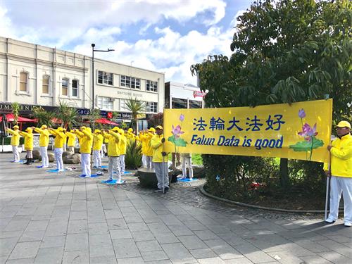图1: 法轮功学员在新市场(Newmarket)商业中心公园展示功法。