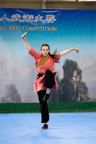 图5：八月二十五日，在第六届新<span style='max-width:0px!important;margin-left:-4px;color:#eee!important;'>!</span>唐<span style='max-width:0px!important;margin-left:-4px;color:#eee!important;'>!</span>人<span style='max-width:0px!important;margin-left:-4px;color:#eee!important;'>:</span>武术大赛复赛中，女子拳术组选手欧阳龙女（Ellen Beat Opfermann）表演迷踪拳狸猫分挺。