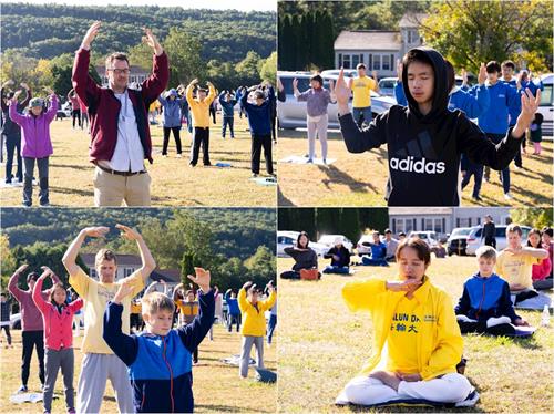 '图2:二零一九年九月七日上午,纽约上州橙县周边的中西方法轮功学员汇聚橙县(Orange County)草坪集体炼功。'