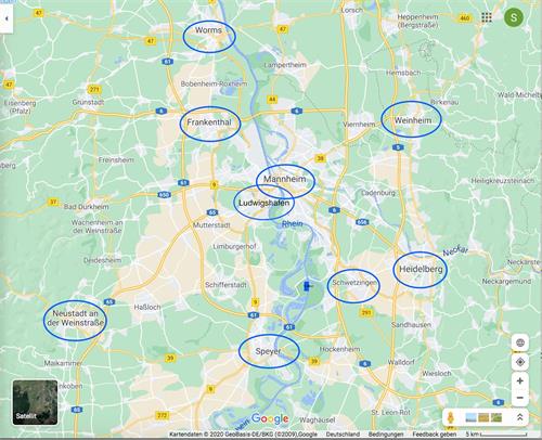 '图1:今年自七月以来,法轮功学员每个周六都到莱茵-内卡地区(Metropolregion Rhein-Neckar)地区九座城市(如上图所标示)举办信息日活动。'