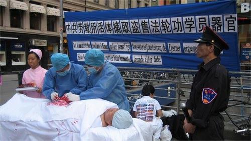 '图2:挪威法轮功学员在挪威首都奥斯陆中心以模拟表演的形式展示摘取人体器官'