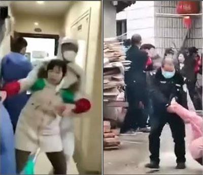 '图5:网民拍摄的强行入户排查、隔离的视频截图:很难保证执法中不互相感染。'