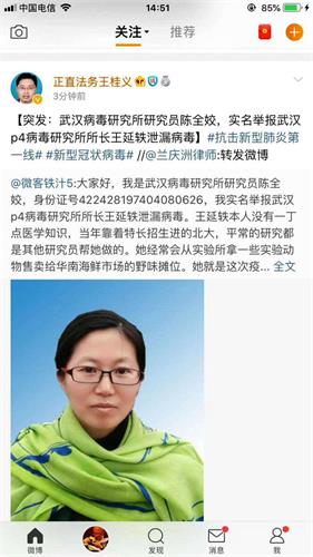 '图:转发的“武汉病毒所陈全姣研究员实名举报所长王延轶”(截图),爆料病毒所乱象。'