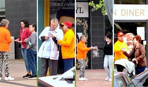 '图1~2:斯洛伐克法轮功学员在西部城市嘎朗塔(Galanta)市举办讲真相活动'