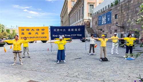 '图1:法轮功学员在斯德哥尔摩市中心国会大厦旁的钱币广场,举办讲真相活动。学员在 展示功法。'