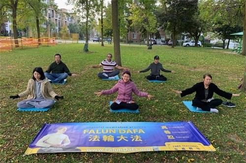 '图1:在北约克的亨顿公园(Hendon Park) 的日本女士提雅(左一)和先生Juno(后排左一)。'