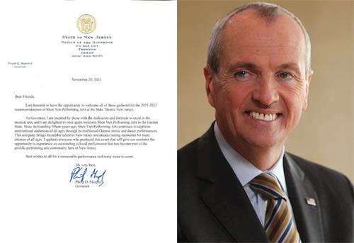 '图2:新泽西州长墨菲(Phil Murphy)给演出主办方发贺信,说:“被神韵艺术家在追求卓越的音乐艺术过程中表现出的奉献精神和毅力所鼓舞……(神韵艺术团)自从十五年前成立后,通过中国传统的音乐和舞蹈的表演吸引全世界所有的观众……演出将给我们州的居民提供机会,体验出色的文化表演。”'