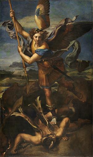 图例:拉斐尔(Raphael)的《圣米迦勒战胜撒旦》(Saint Michael Vanquishing Satan),268厘米 × 160厘米,原为木板油画,后经换背为布面油画,作于1518年,现存于巴黎卢浮宫。