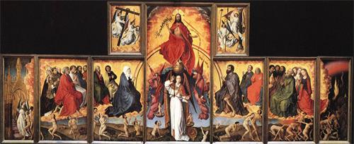 图例:早期弗拉芒画派(Flemish Primitives)画家凡·德·韦登(Rogier van der Weyden)的《博纳祭坛画》(Beaune Altarpiece),又名《最后的审判》(The Last Judgement),高220厘米,长548厘米,约作于1445年~1450年。