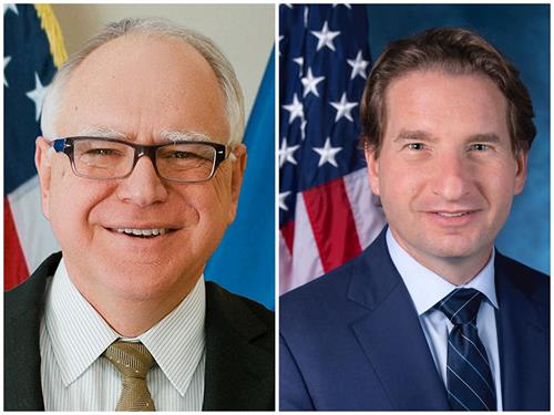'图5:美国明尼苏达州州长蒂姆‧沃尔兹(Tim Walz,左)和联邦众议员迪恩‧菲利普斯(Dean Phillips)发贺信,热诚欢迎神韵再临明州。(明慧合成图)'
