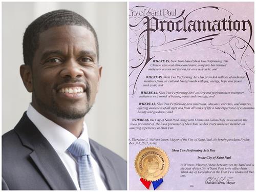 '图7:圣保罗市市长梅尔文‧卡特(Melvin Carter)也签发褒奖令,宣布二零二一年十二月三日为该市神韵演出日。(明慧合成图)'