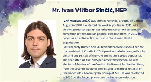 '图1:欧洲议会议员辛奇克(Ivan ViliborSinčić)在发言中表示,中共最严重的人权犯罪是活摘器官,而主要的受害者是法轮功学员。他建议世界各国对活摘器官采取强硬态度进行谴责和制裁。(视频截图)'