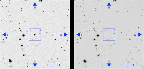 '旧拍摄档案(左)的恒星在新拍摄档案(右)中消失(Image credit:Villarroel et al. (2019))'