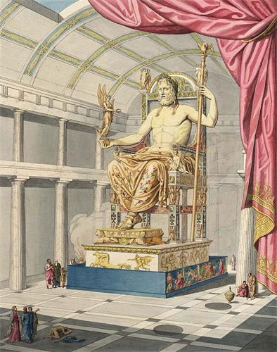 古代世界七大奇迹之一的奥林匹亚宙斯神像示意图,由法国考古学家、建筑学家兼艺术史家卡特勒梅尔·德·坎西(Quatremère de Quincy)绘于1815年。奥林匹亚宙斯神像是由古希腊雕塑家菲迪亚斯(Phidias)于公元前435年左右完成的作品,放置在希腊奥林匹亚城的宙斯神庙内。神像高约12米,相传由镀金的铜、宝石、象牙及黄金制成。据古籍描述,宙斯一手拿着权杖,一手托着胜利女神,威严地坐在宝座上。神像于公元五世纪的一场火灾后失踪,但由于这件作品在历史上举世瞩目的艺术成就,一直被评为古代世界七大奇迹之一。