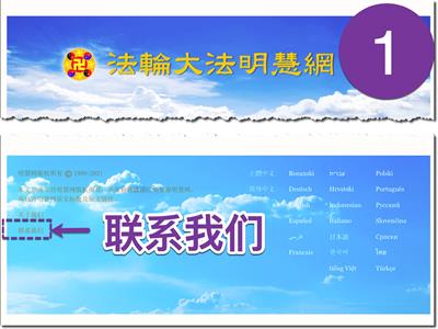 图 1：从明慧网首页脚，点击“联系我们”（link to https://d1s1uwymkhx1ll.cloudfront.net/mh/contact-us.html）