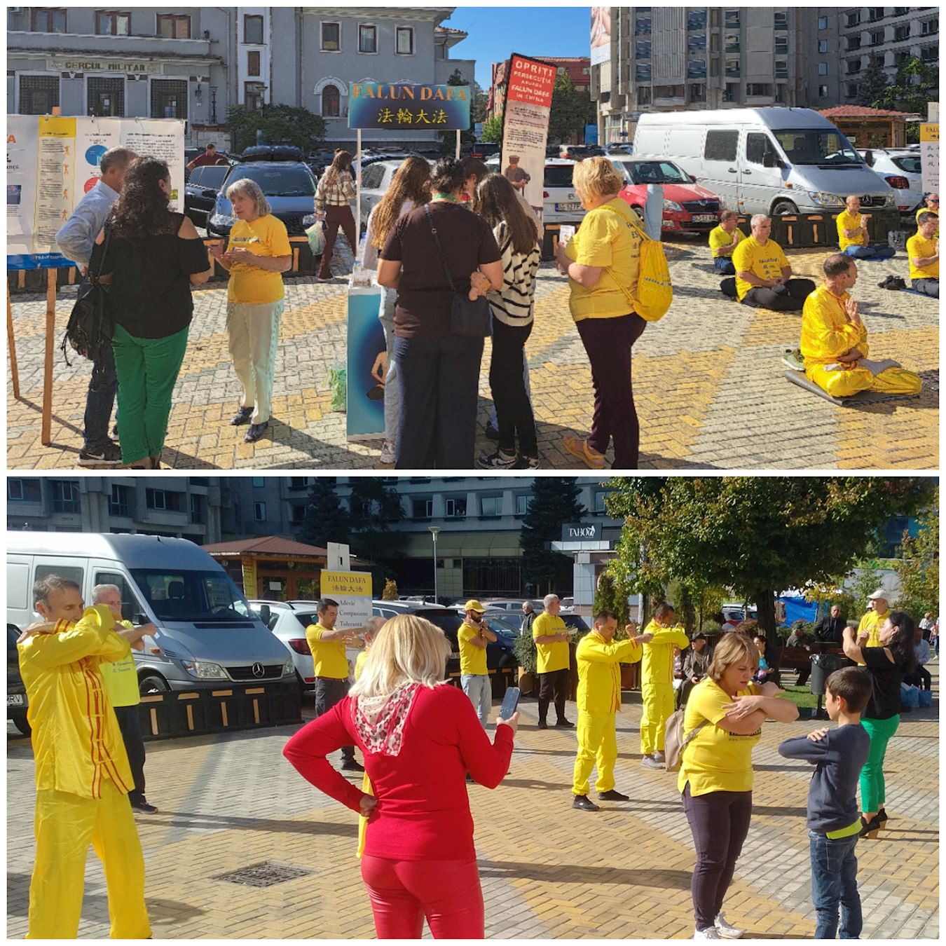 '图1:二零二三年十月十四日至十五日,罗马尼亚法轮功学员在皮特什蒂设立真相展位,向人们介绍法轮功及其真相。'
