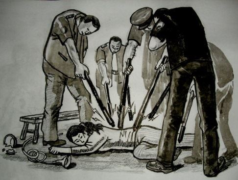 '中共酷刑示意图:多跟电棍电击'