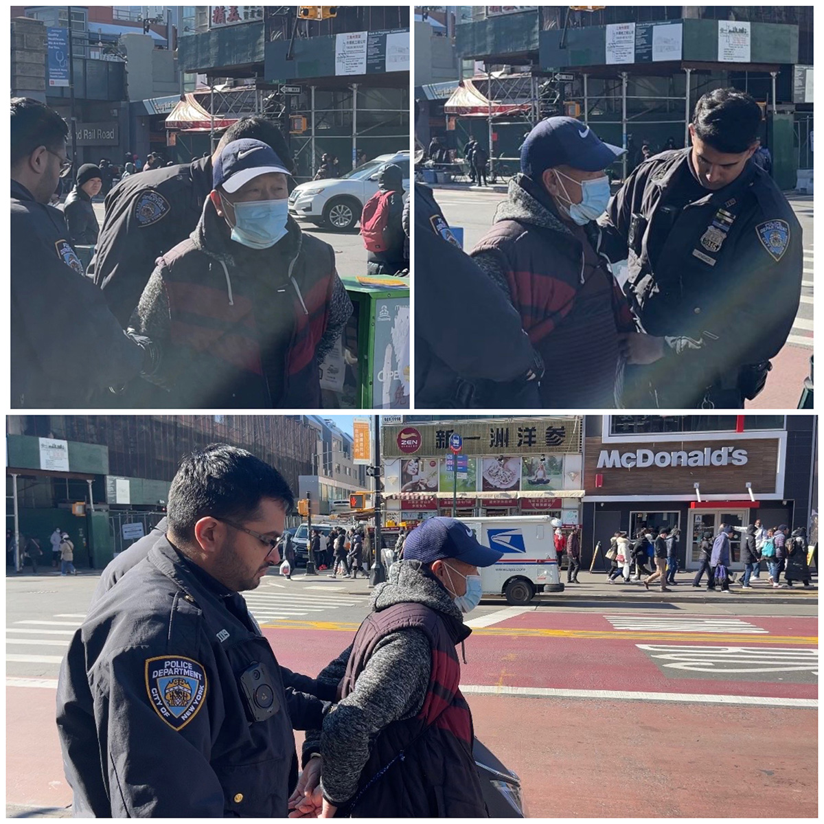 图1:二零二三年二月十八日上午十一点左右,警察逮捕攻击法轮功学员的齐中平(Qi, Zhongping ,音译),将其戴上手铐,押上警车。(法轮功学员提供)