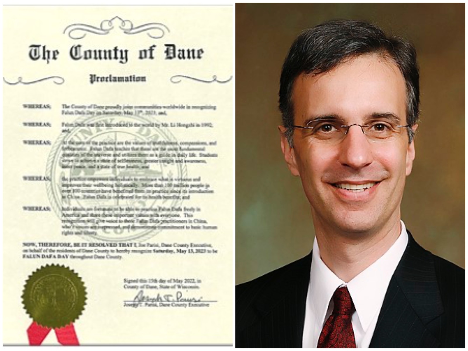 图4:丹恩县行政长官乔。帕里西(Joe Parisi)发褒奖,代表丹恩县居民,特此宣布二零二三年五月十三日为“丹恩县法轮大法日”。
