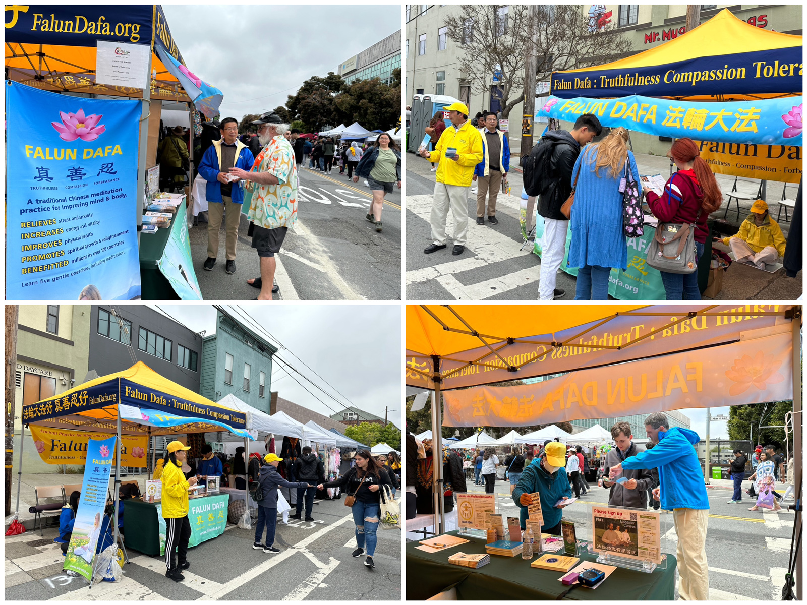 图1~2:二零二三年五月二十七日和二十八日,旧金山湾区学员在旧金山嘉年华摆街会上,设立展位,展示法轮功功法,向各族裔人士介绍法轮功。许多人对学功感兴趣,很多人拿了介绍大法的真相传单。