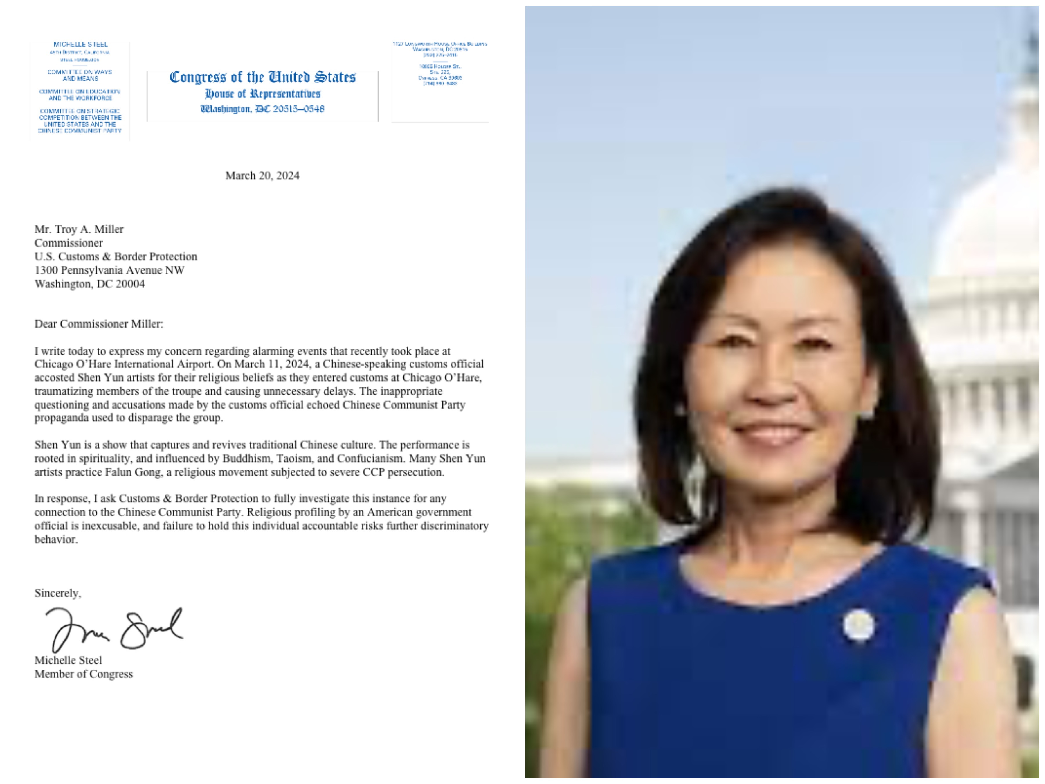 图6:美国加州联邦众议员米歇尔·斯蒂尔(Michelle Steel)致信给美国海关及边境保护局(CBP)代理局长特洛伊·米勒先生(Troy Miller),要求CBP 全面调查这一事件是否与中共有任何牵连。