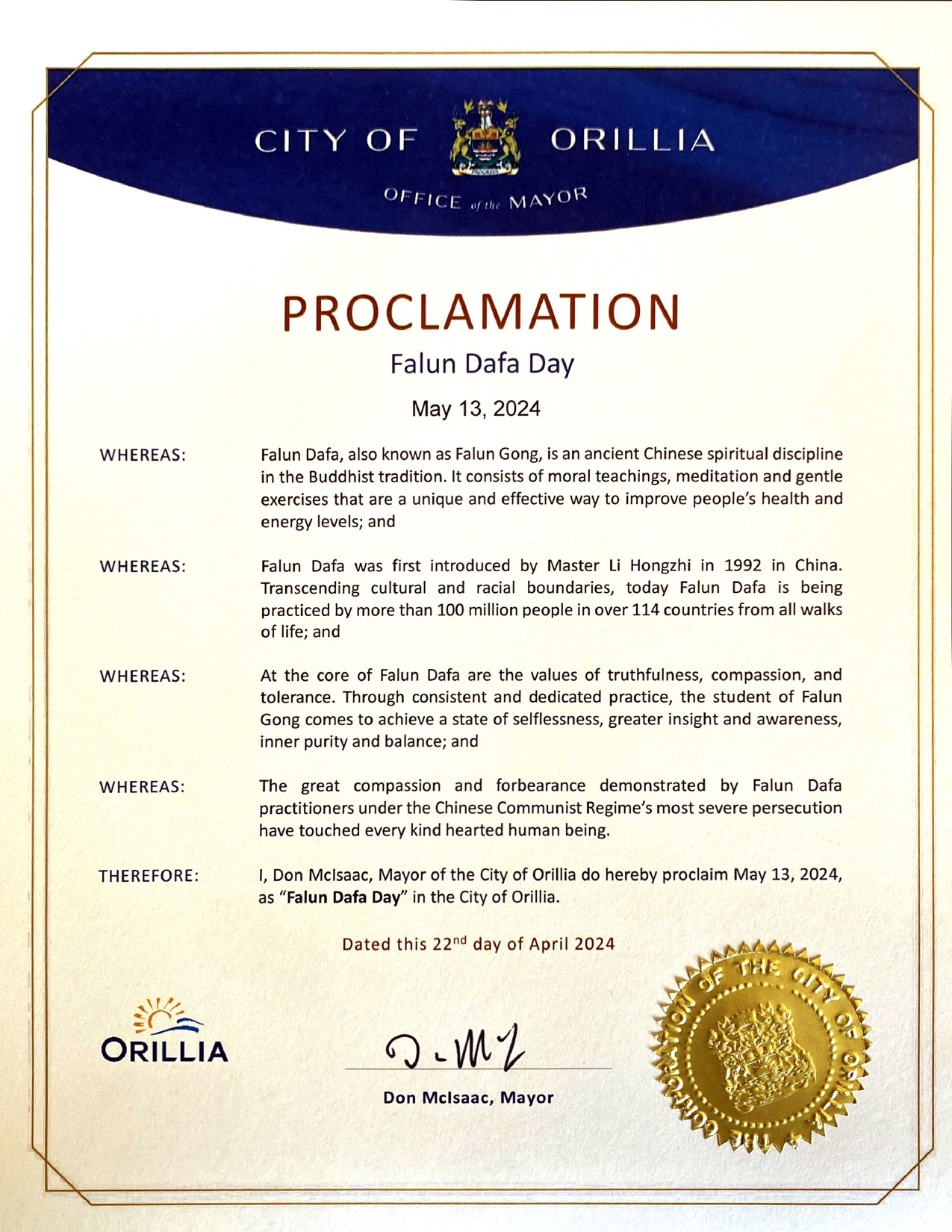 图7:奥里利亚市(Orillia)市长唐·麦克艾萨克(Don McIsaac)的贺信