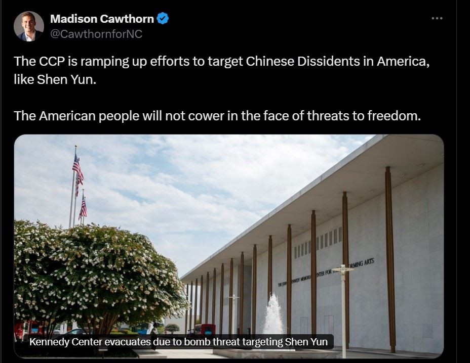 '图3:二月二十二日,北卡罗莱纳州前国会众议员麦迪逊·考索恩发文,谴责中共加大力度攻击神韵等美国境内的中国异见人士。'