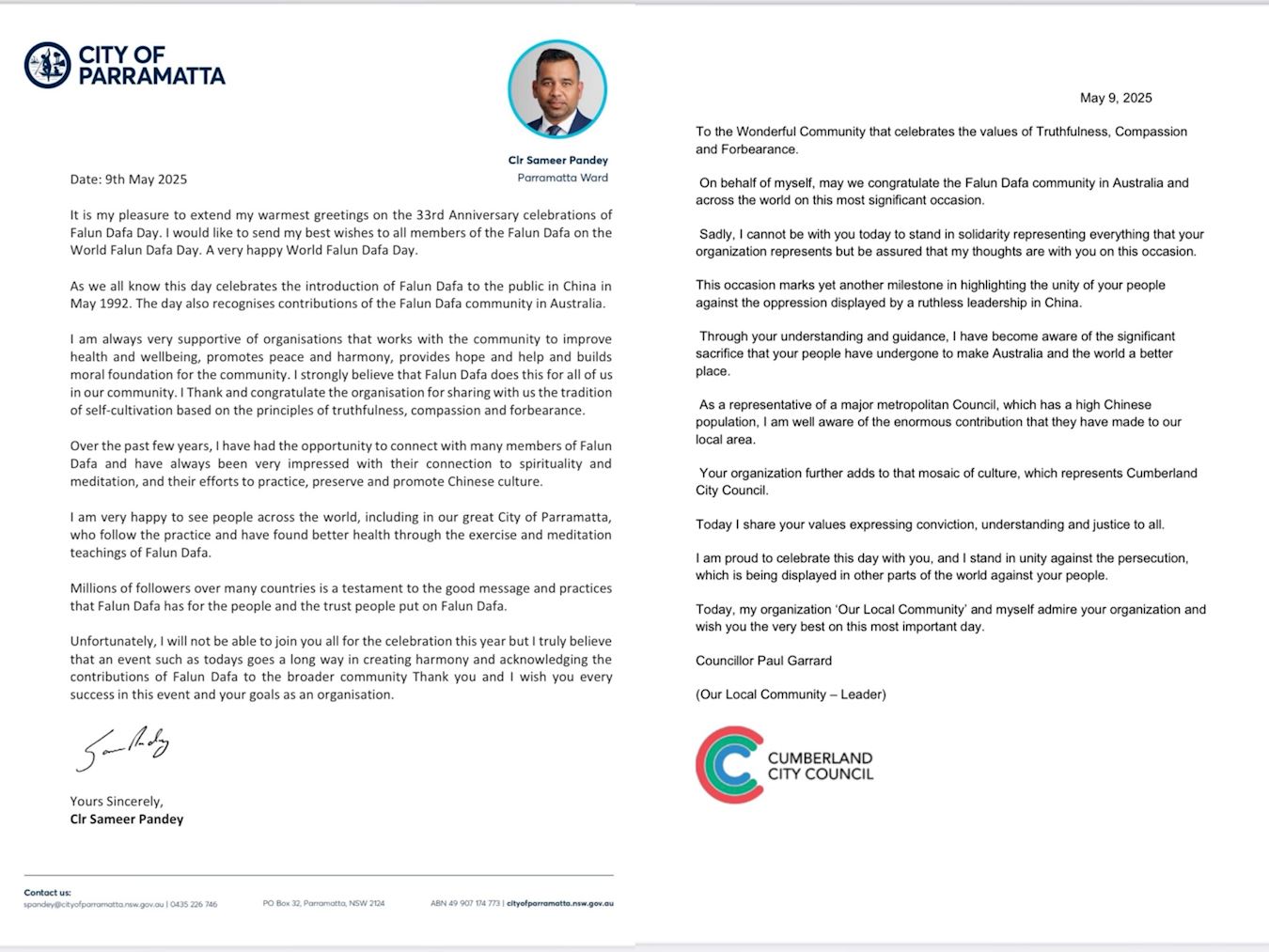 '图9:帕拉马塔(Parramatta)市议员萨米尔·潘迪(Sameer Pandey)和坎伯兰(Cumberland)市议员保罗·加勒德(Paul Garrard)的贺信'